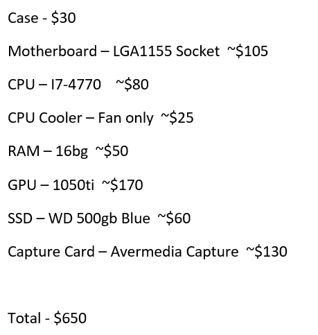 _TommyShaw's tweet photo. I often see people saying others are rich to have a dual PC streaming setup, that is not the case, you do not need a $1000 PC for streaming! You can easily build a streaming PC for under $650 dollars. You can go cheaper than this even! #streamPC #BudgetPC #twitch #PCBuild https://t.co/2g6DG1QYDD