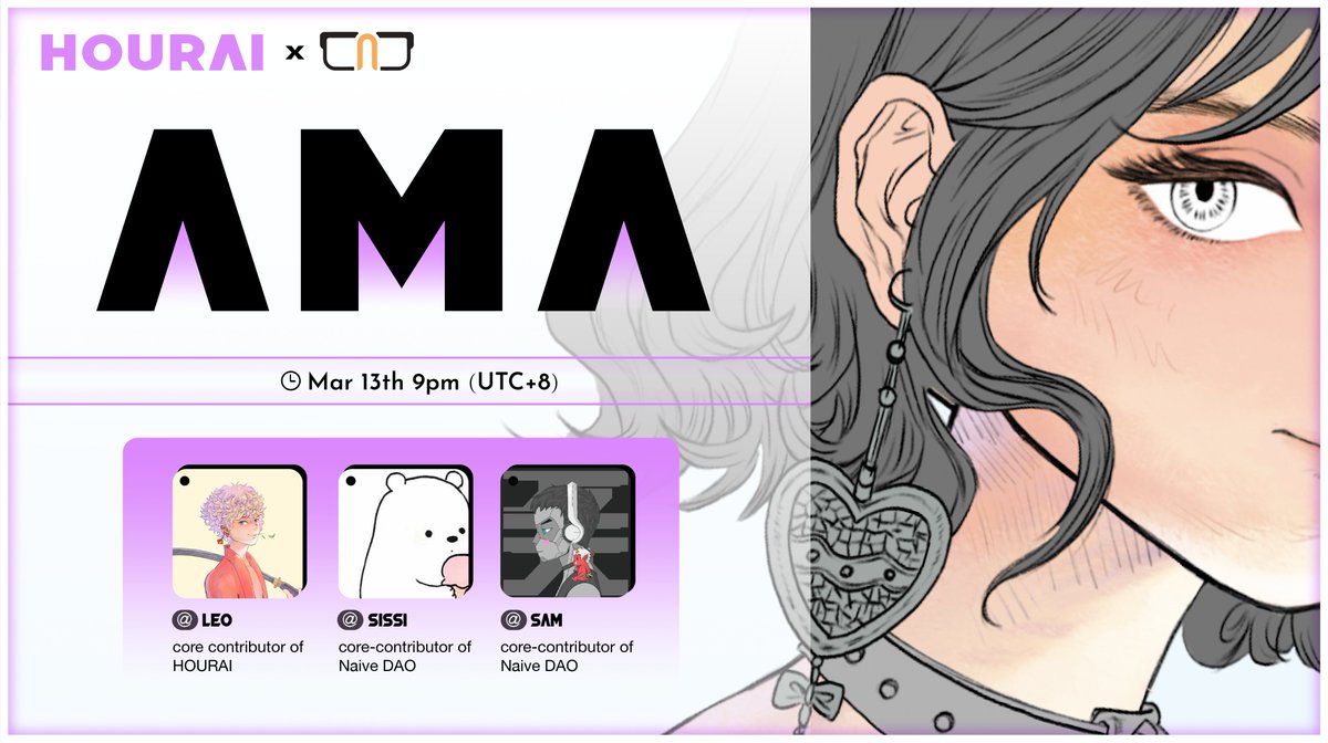 HOURAIer's tweet photo. YESSS, ANOTHER AMA!

MAR 13th 9P.M.(UTC+8)

Click the link and finish the tasks you can join the lucky draw, we are giving out 10 whitelists!

https://t.co/fqLwRO8QEm

And you can join the AMA in this DC:
https://t.co/C6uaPMw8rr https://t.co/Tj01qi42XQ