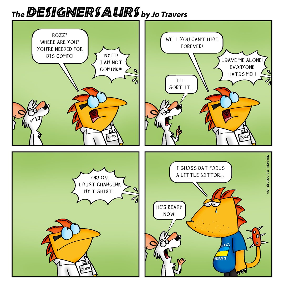 354 T-Shirt. You may have noted that Rozz's red t-shirt had a 'Россия' motif printed on it. Well, he feels it's time for a change... #designersaurs #webcomic
#comics #cartoon #dinosaur