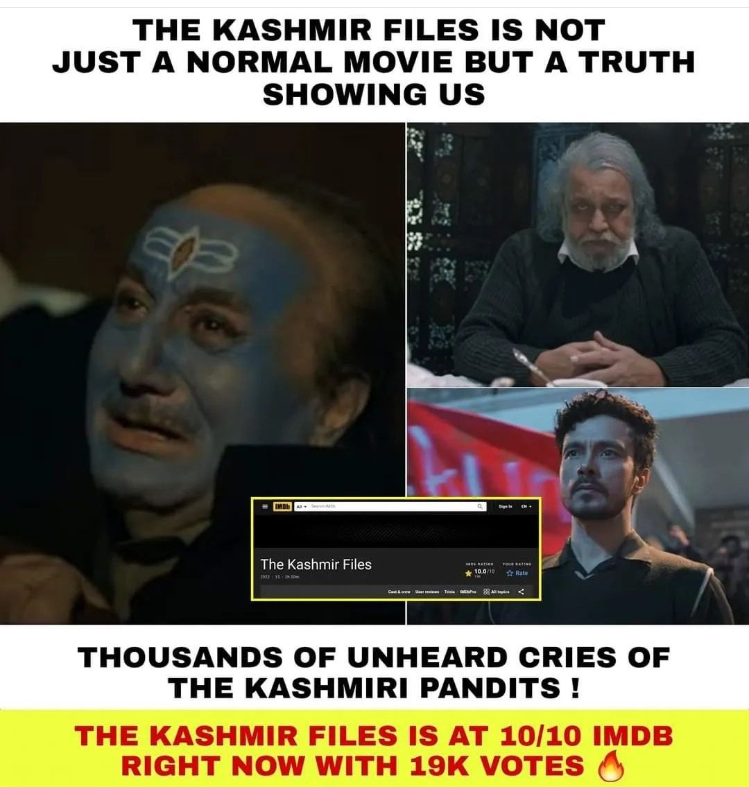 Itsmk33402293's tweet photo. Is not just a movie it's real truth 
Salute to Film director @vivekagnihotri 
All Indians must watch this movie 
@AnupamPKher  @mithunda_off
#TheKashmiriFiles  #kasmirgenocide https://t.co/9d952BY1wt