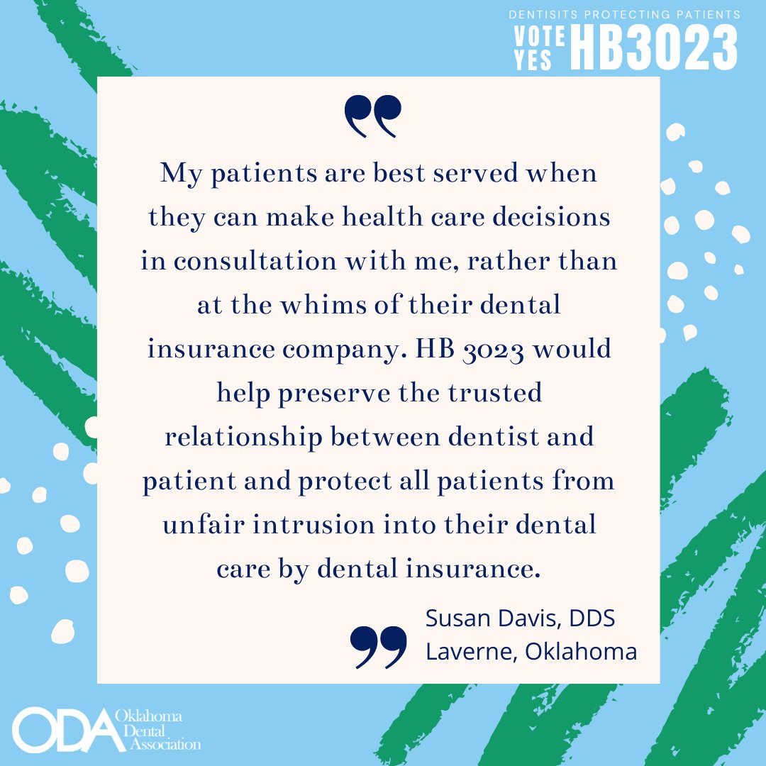 Join us in helping Oklahoma dentists protect their patients by calling your legislators and asking them to VOTE YES on HB3023! #OKLeg #VoteYESonHB3023 
Find your legislator:
oklegislature.gov/findmylegislat…