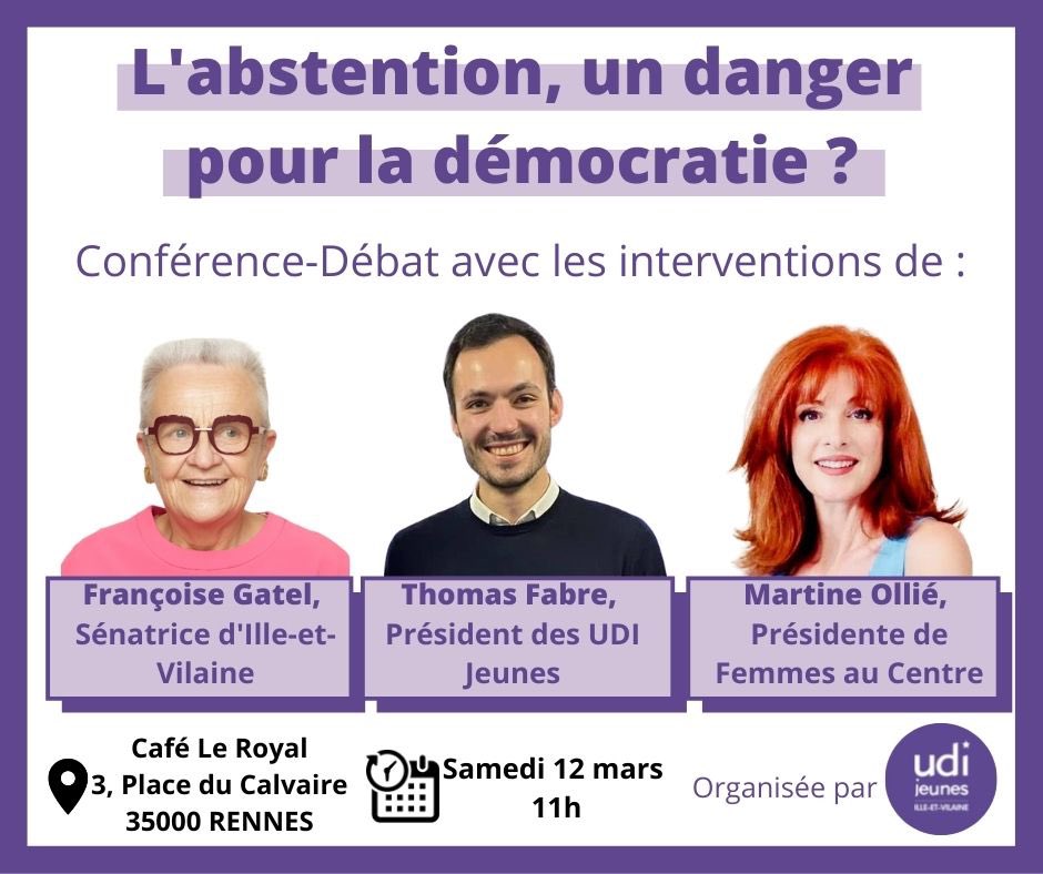 FabreThomas's tweet photo. Très heureux d’être intervenu ce matin pour la conférence/débat de l’@UDIJeunes35 sur l’abstention des jeunes à Rennes aux côtés de @FrancoiseGatel et @MartineOllie. Un grand bravo à @MelTheaud pour l’organisation ! @UDIjeunes https://t.co/81eCwPTdRe