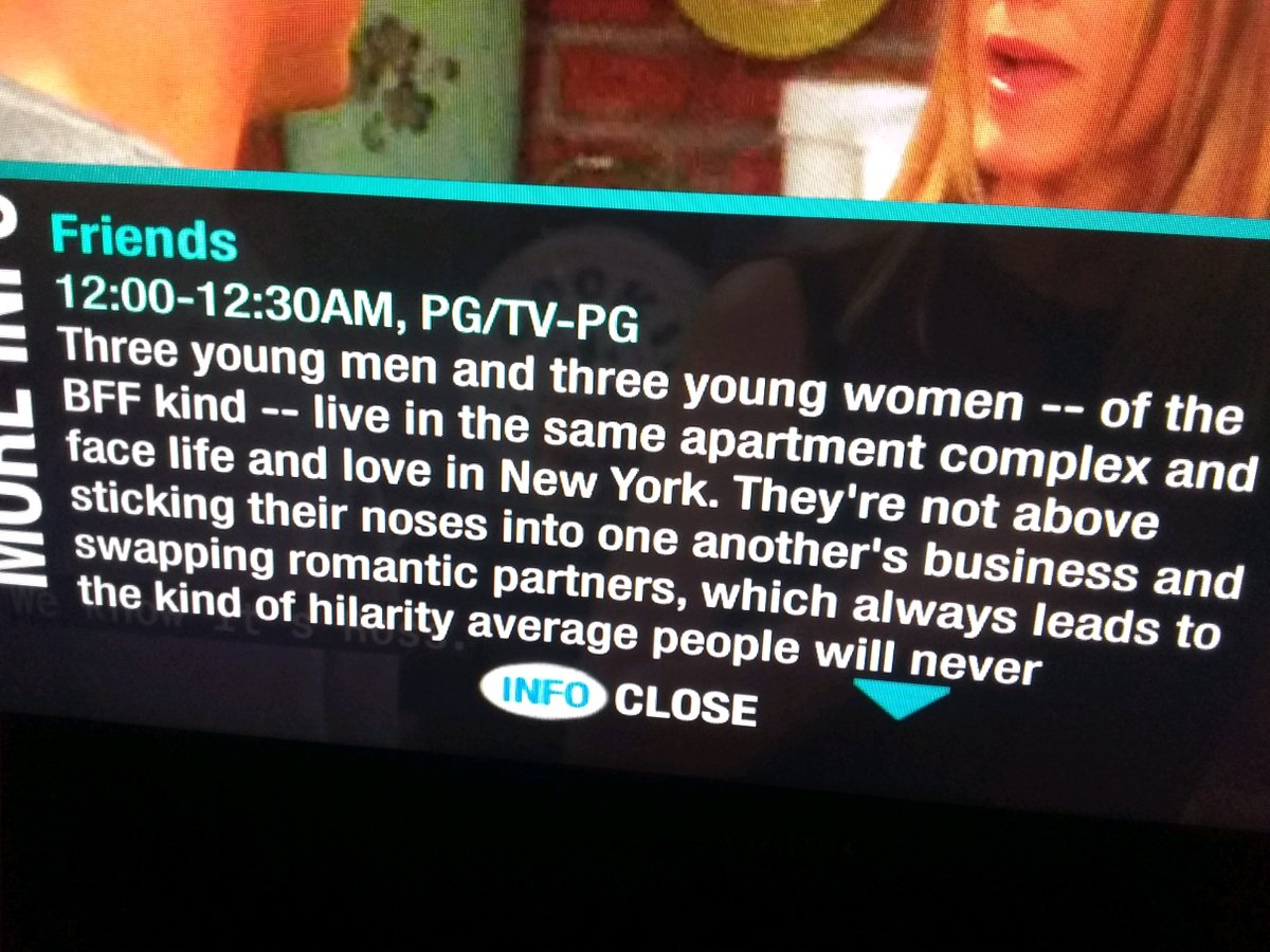 Worst description of @FriendsTV ..LOL. OMG...Optimum doesn't even give the episodes, just vague description now. Nothing like lazy programming menus. #FriendsTV @JeffreyKlarik Thank goodness for streaming. https://t.co/xk3xuSsaLO