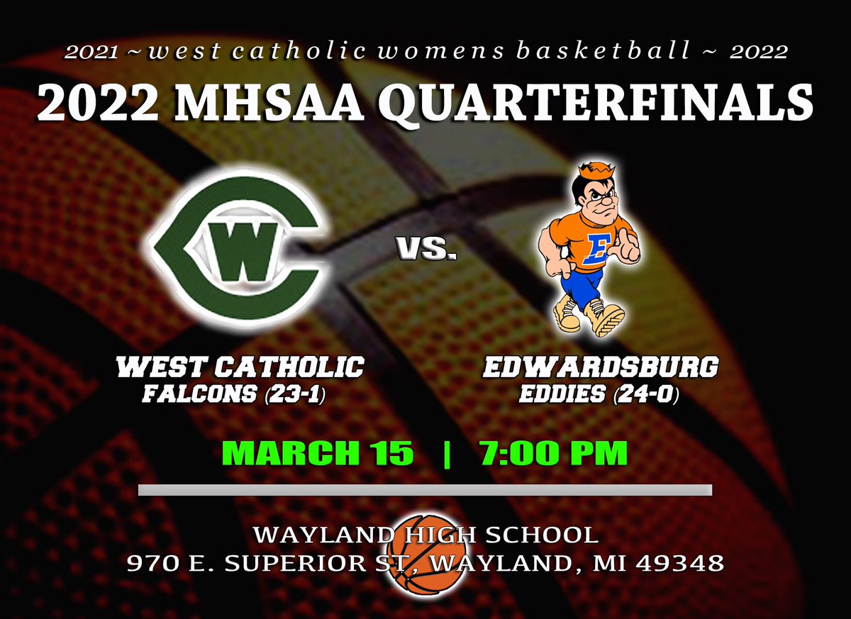 GRWCWomensHoops's tweet photo. MHSAA Quarterfinals!  Don’t miss @gr_wcwbb (23-1) as they take on Edwardsburg (24-0) in State Quarterfinal action Tuesday, March 15 @ 7PM at Wayland HS. You don’t want to miss this! See you in Wayland! Lets Go West! @jackdoles @mikelacett @FOX17Blitz @Steve_Kaminski @MHSAA https://t.co/vzsVCTSQjV