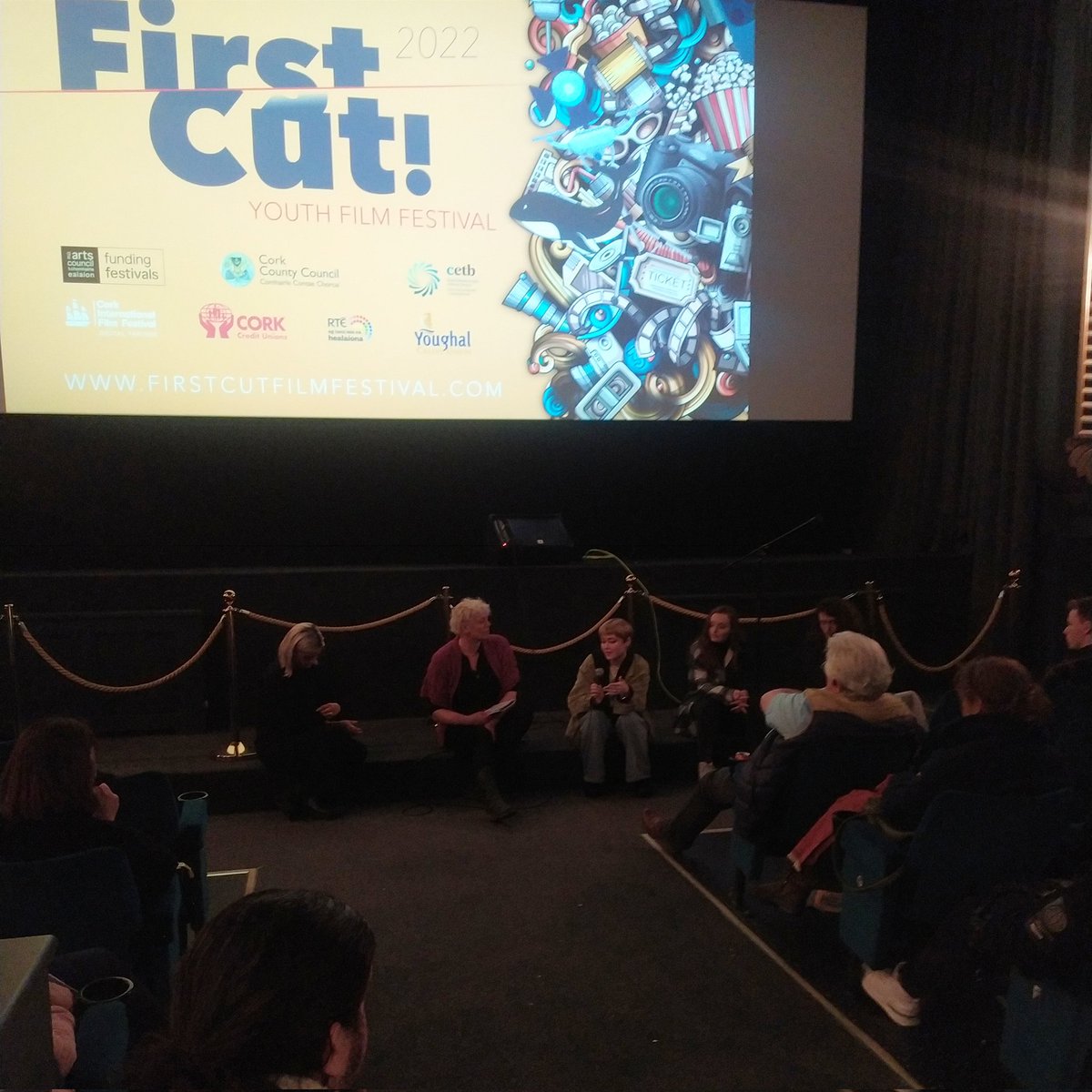 FirstCut1's tweet photo. Journalist @ellieobyrne1 chats to Spotlight filmmakers Lisa McDonald, Francis O'Mahony, Corinne Gibbons and Shane Joyce.
#firstcutfilmfest https://t.co/zAOu8C6uLv