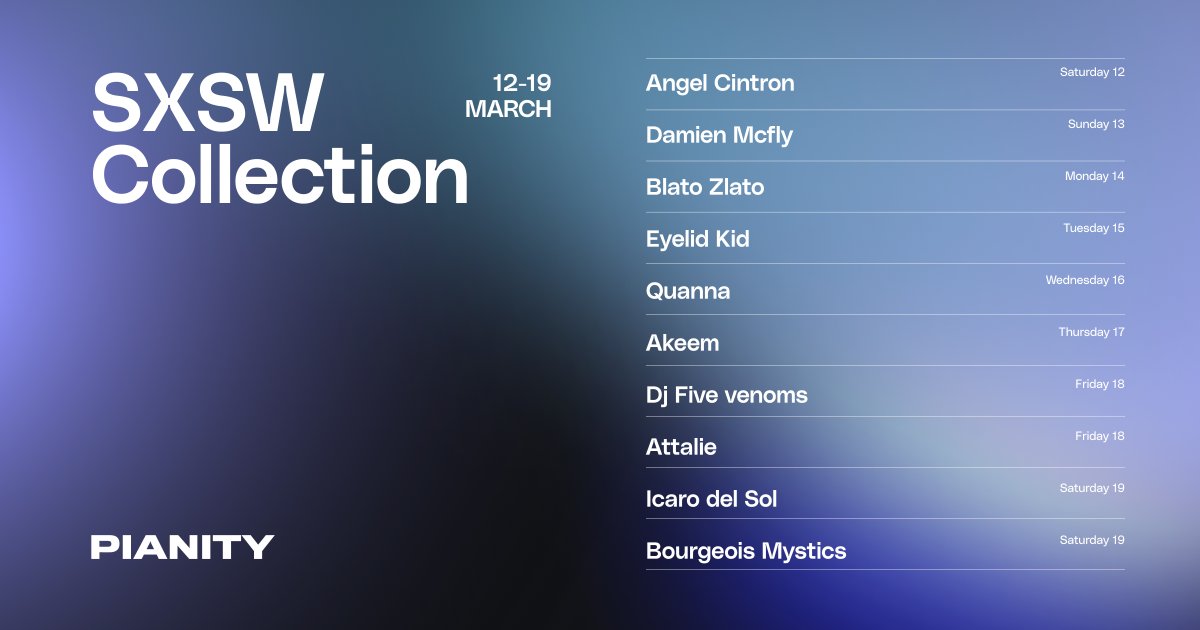 💎 Discover, collect &amp; trade limited-edition #music from artists showcasing at SXSW Festival! 

🔥 Every day we'll have amazing artists dropping exclusive music #NFTs on Pianity! 

Discover these special #drops and try to collect them all:
pianity.com/events/sxsw