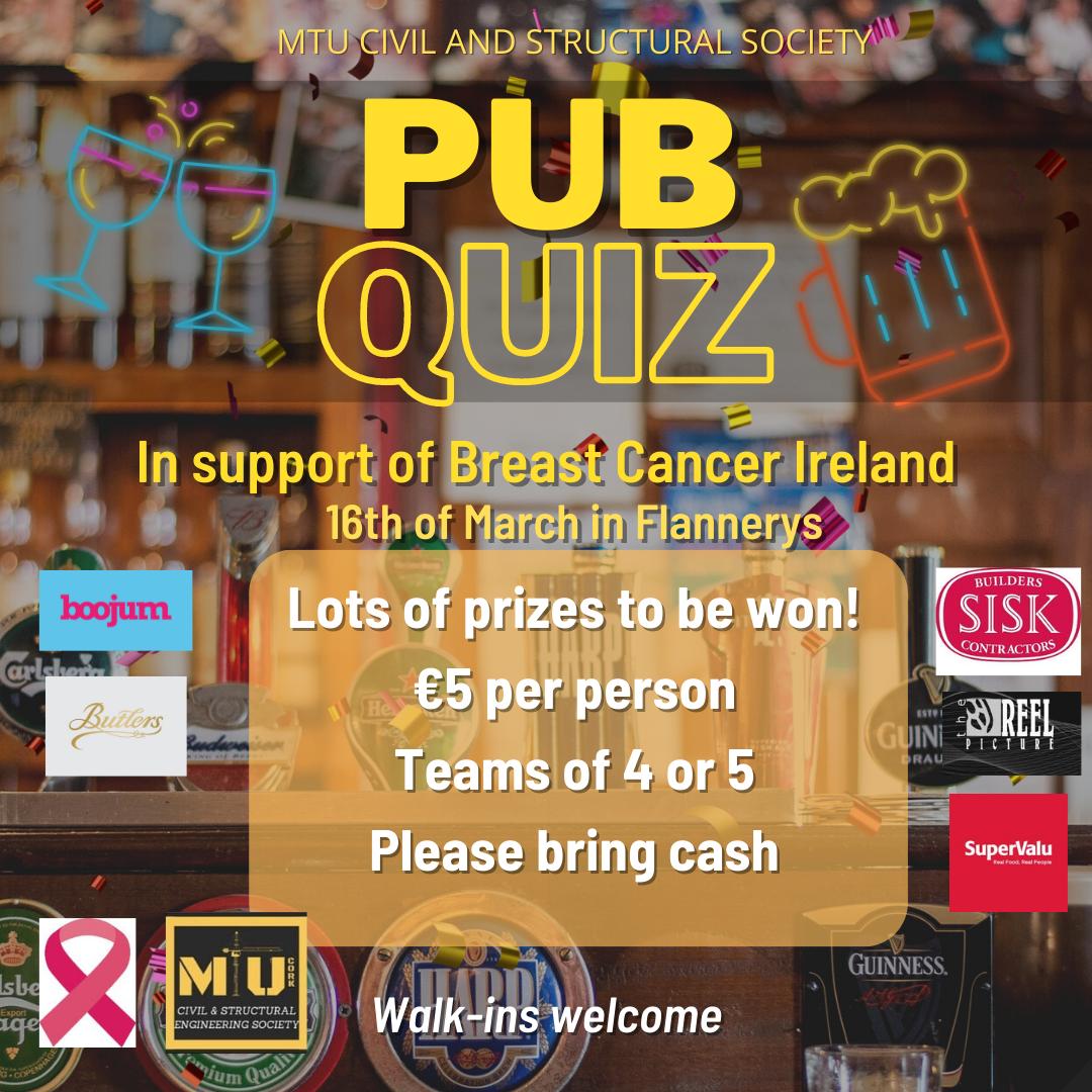 ✨NEW EVENT✨ Next Wednesday March 16th we are hosting a Pub Quiz in Flannerys. The event is in support of Breat Cancer Ireland!! Tickets are €5 per person to be paid in cash on the day. Walk-ins welcome!! Youre not required to already have a team. Cant wait to see you there!!