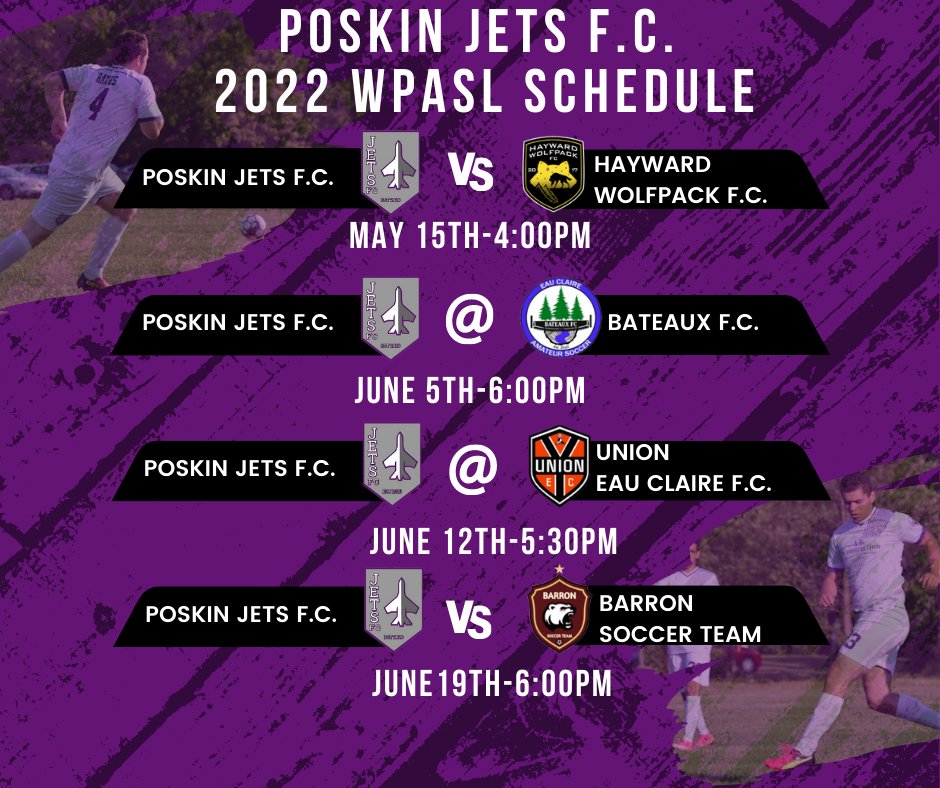 PoskinJetsFC's tweet photo. We present our official schedule for 2022! We look forward to seeing you at the games.

#WPASL #JETSFC #Supportlocalsoccer https://t.co/gElekU3Oln