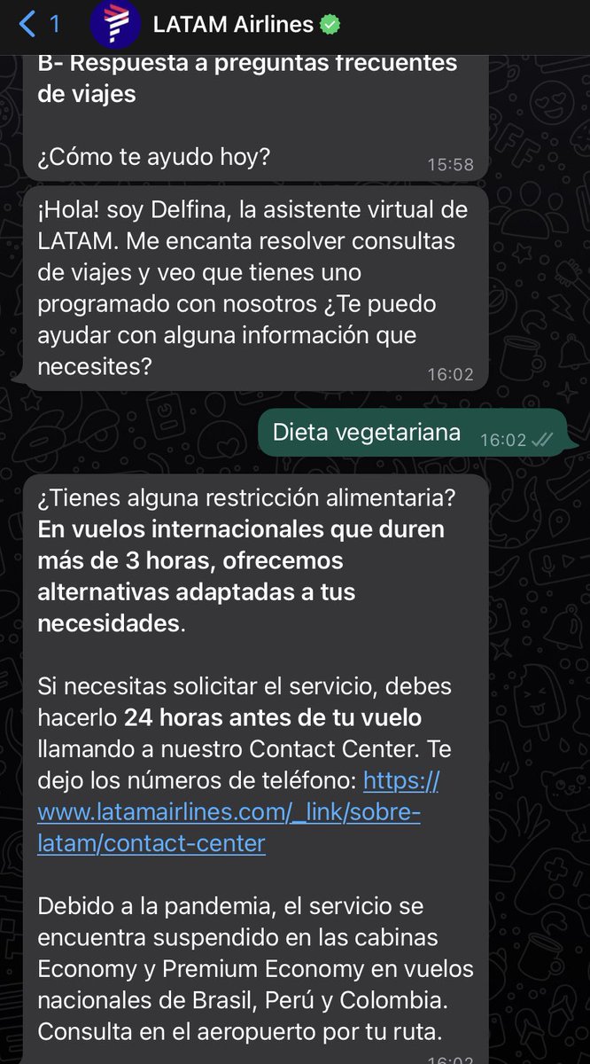 Profe_Albo's tweet photo. @LATAM_CHI  Quiero pedir dieta vegetariana pero me dicen que debo llamar. Al llamar me indican que lo debo hacer vía whatsapp. Al pedirlo vía whatsapp, me dice que debo llamar.
 Favor indicar cuál es el medio oficial. https://t.co/yqvSH9pKMm