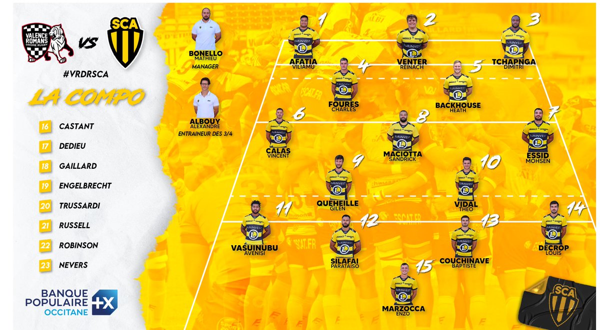 SCA_OFFICIEL's tweet photo. 𝗡𝗢𝗦 𝗝𝗢𝗨𝗘𝗨𝗥𝗦 𝗣𝗢𝗨𝗥 𝗖𝗘 𝗖𝗛𝗢𝗖 ! ⚔️

Gilen Queheille est aujourd'hui le capitaine inédit 💪

La composition vous est présentée par la 
@banquepopulaire

#VRDRSCA #SCA https://t.co/VLvMTTUVpq