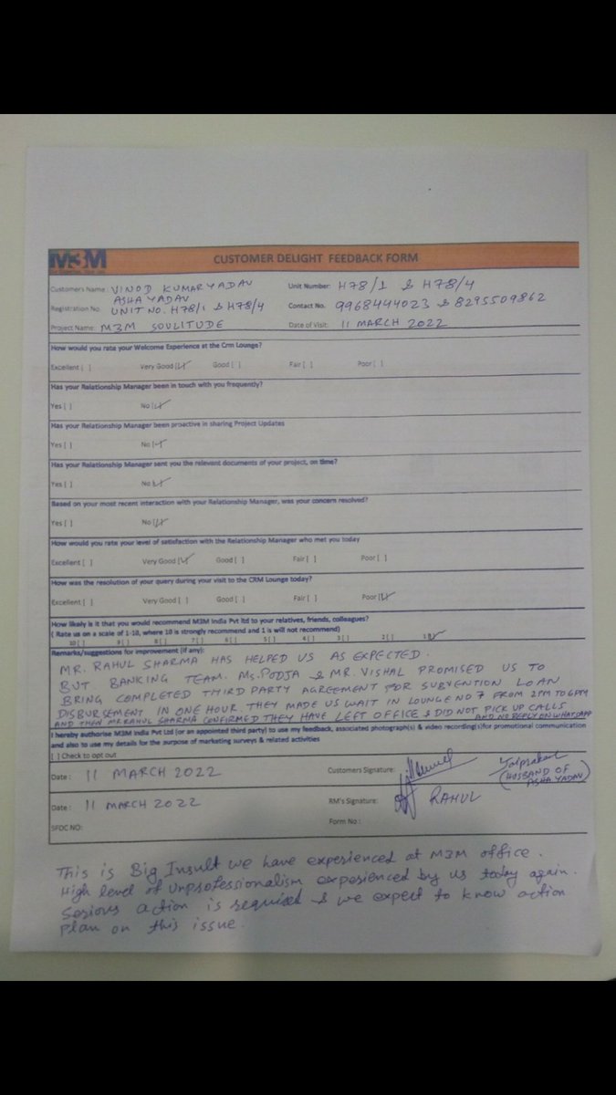 Jai_mnavy's tweet photo. @M3Mcrm @PankajBansalM3M We submitted this feedback form about our experience yesterday at M3M office. You will get an idea from this how customers are treated &amp; valued at your organisation. Inspite of this No proper response even today from any of RM. No one in M3M is professional.MyMob.8295509862 https://t.co/B31oc4CXP4