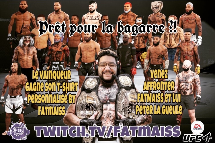 FatMaissGaming's tweet photo. RDV à 21h Samedi 12/03 pour l'EVENT Tournoi UFC4 entre Chèvres 🐐
En LIVE, les Phases FINALE du Tournoi avec de belle surprises, des combats contre FatMaiss...
Bref une très belle soirée nous attends
https://t.co/1PQ7Oma0JH
#UFC4 #combat #ufc #event #twitchfr #TeamChevre https://t.co/A4Dd81ZcfT