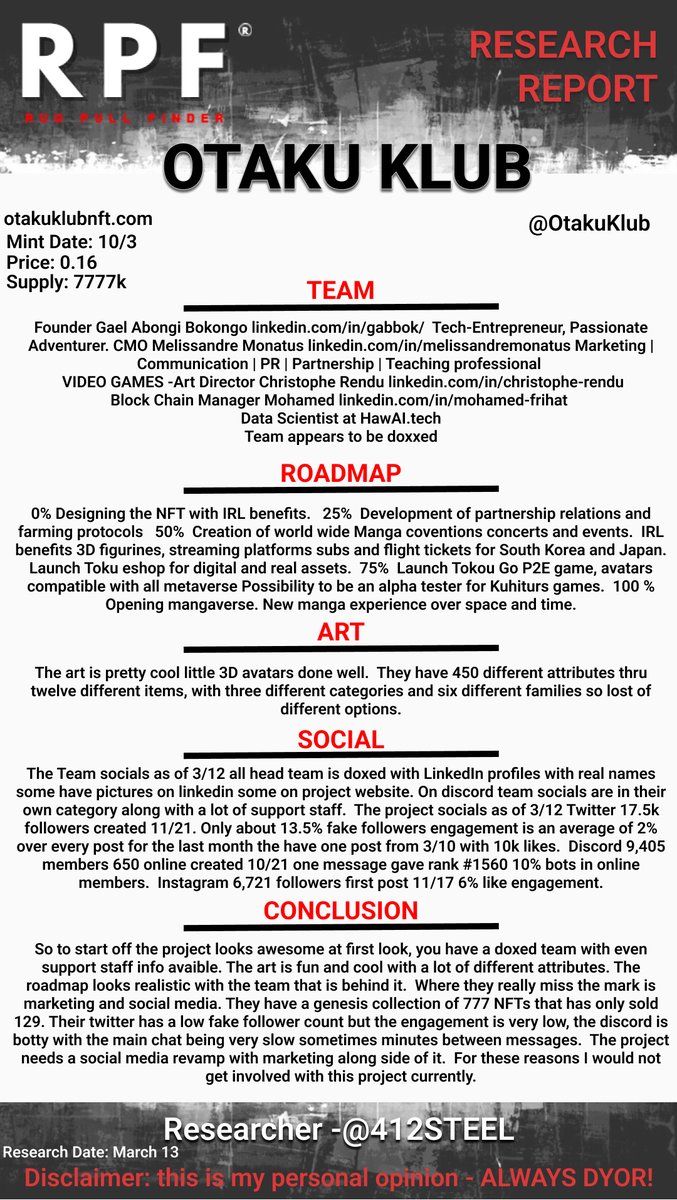 . @OtakuKlub 

AR game has been in development since before mint, backed by a credible studio.

Team is fully doxxed