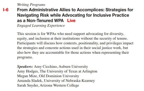 Looking forward to our panel on practical strategies for WPAs (&amp; related roles) to move beyond talk and into action! Join @ciccamy, <a href="/sarahsnyderphd/">Dr. Sarah Snyder</a>, Amy Hodges, and me today (Sat) during a live #4C22 session at 12:30ET!