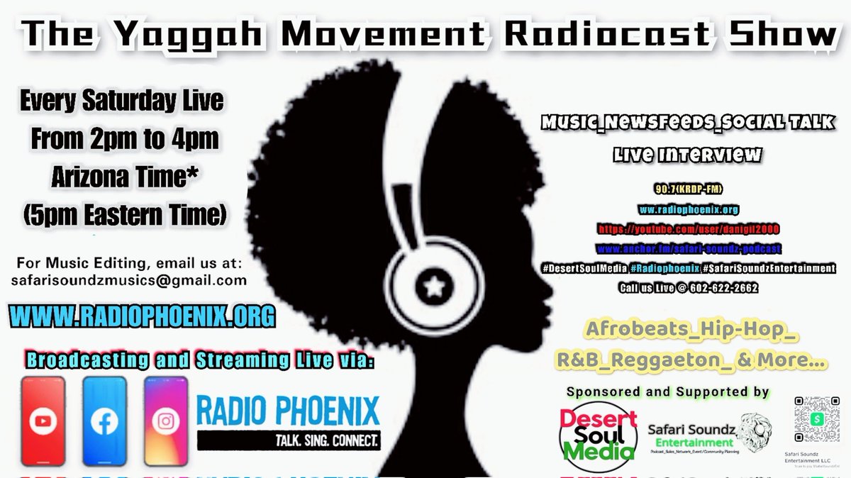 Mrkleanb's tweet photo. "The Yaggah Movement Radiocast Show"
Every Saturdays from 2pm to 4p_Phoenix AZ(U.S.A)
Streaming Live via: Instagram Live_Facebook Live_YouTube Live(Safari Soundz Plus TV)
Music_News_Social Talk_Live Interview and more🎤
https://t.co/bx1oI1TnW3 
https://t.co/YLvENHX64B
#afrobeats https://t.co/CmNUNd1T7D
