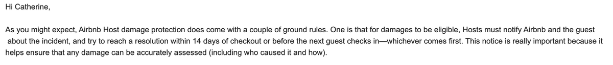 CathTang8's tweet photo. @AirbnbHelp Can you confirm which statement is true? Your Aircover website/update says that you have 14 days to report damages even if you are booked back to back, whereas your rep says we need to report damages within 14 days or before your next guest check in https://t.co/4NZeJSZ5ew