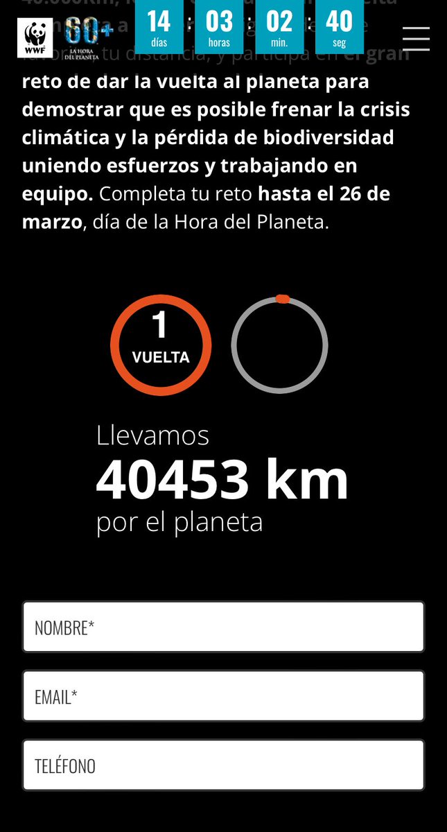 ¡Conseguido! 🎉🎉

Gracias a todos los que habéis participado, hemos conseguido dar #LaVueltaAlPlaneta🌏 para seguir concienciando sobre el cuidado de la naturaleza

Aún quedan 14 días para la #HoraDelPlaneta, ¿nos atrevemos a dar otra?🔄

Apúntate aquí⤵️
horadelplaneta.es