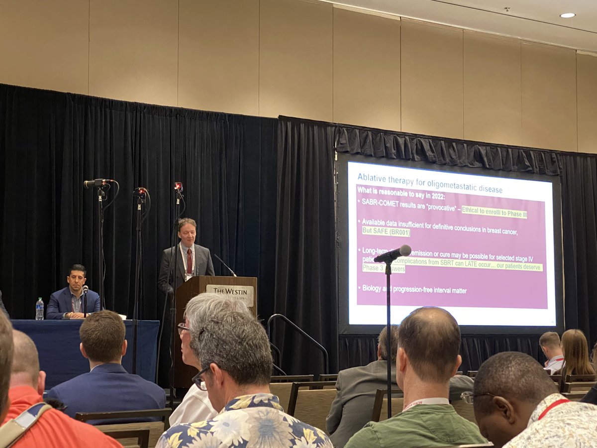 MartinMaMDPhD's tweet photo. Thought provoking presentation by Dr. Steven Chmura at #ACRO22 on SBRT on oligomet. Tox from high-dose SBRT can happen late (BR001); no meaningful improvement in PFS in BR002 seen —>unlikely to proceed to phase III; and bell-shape curve of the utility of local therapy. https://t.co/xPocPbsHno