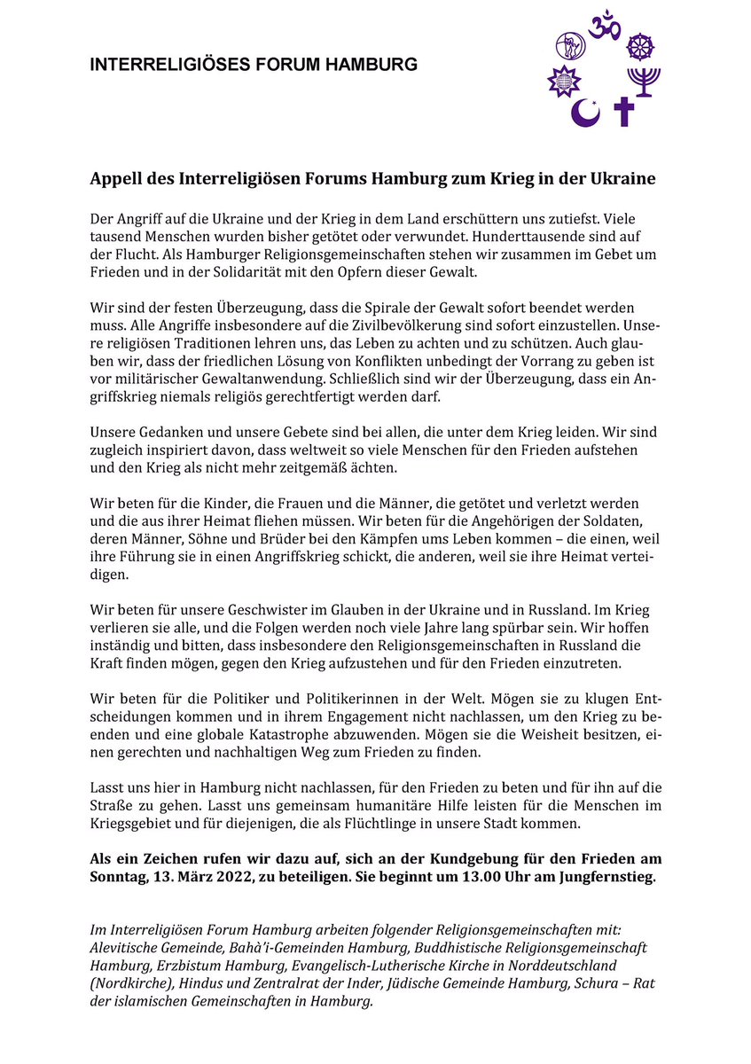 thokaerst's tweet photo. „Nicht nachlassen, für den #Frieden zu beten und für ihn auf die Straße zu gehen“ - auch das Interreligiöse Forum #Hamburg ruft zur Demo auf. Sonntag, 13 Uhr, am Jungfernstieg! #StopptDenKrieg #Solidarität #Ukraine https://t.co/NOqhk53uVq