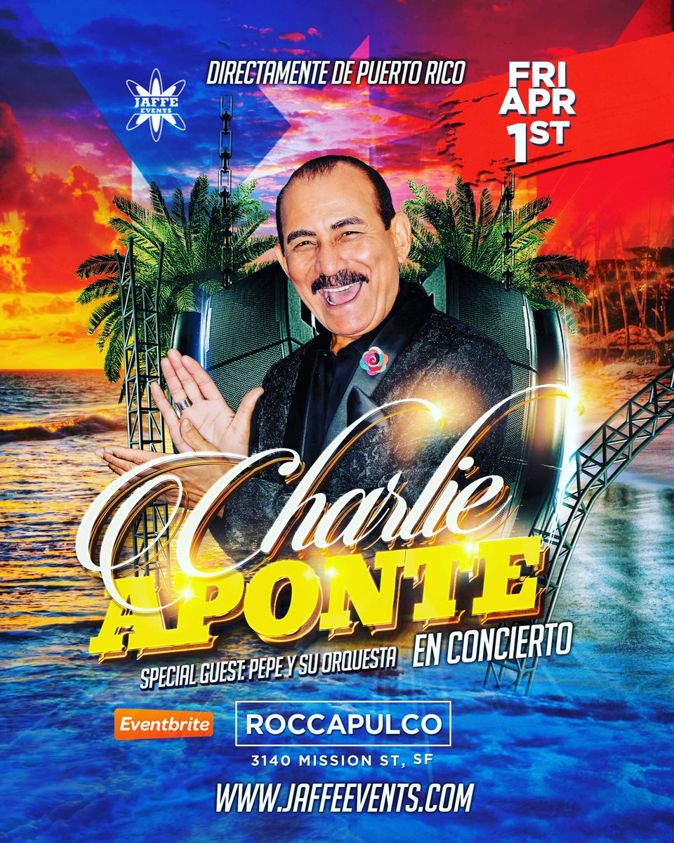 Another amazing Latin concert coming soon to San Francisco,
April 1st.
Salsa Legend CHARLIE APONTE!
At ROCCAPULCO SF.
Tickets, VIP and meet &amp; Greets available at jaffeevents.com #salsabythebay #salsa #salsa #latinos #sanfrancisco #puertorico #Boricua