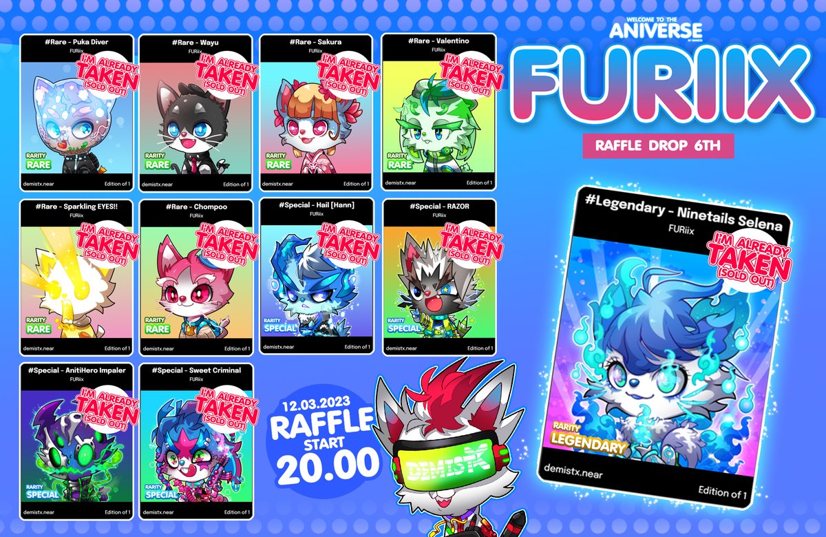 FURiix Drop 6th [Sold OUT]
Thx for support my Aniverse.😊⭐️
.
paras.id/demistx.near/c…
.
#NEAR #NEARProtocol #nearNFTs #PARASnft  #NFT   #NFTTHAILAND #nftcollector #NFTdrop #NFTCommunity #NFTartists #NFTCollection <a href="/ParasHQ/">Paras</a>
