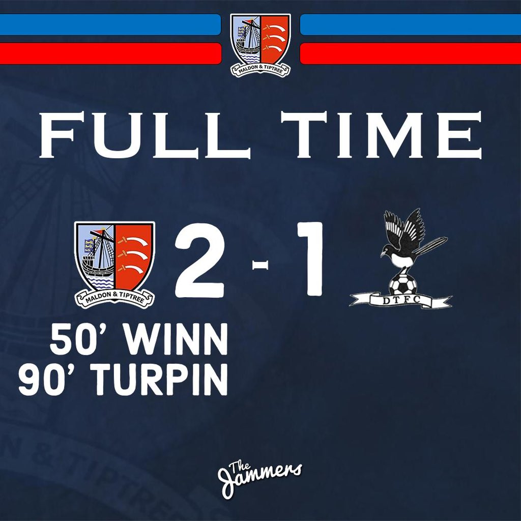 MaldonTiptreeFC's tweet photo. FULL TIME | @MaldonTiptreeFC 2-1 @DerehamTown
The Jammers win it late on, courtesy of a goal mouth scramble which finished in Turpin turning it home.
#Jammers 🍓 #MALDER https://t.co/q8nYimpCCK