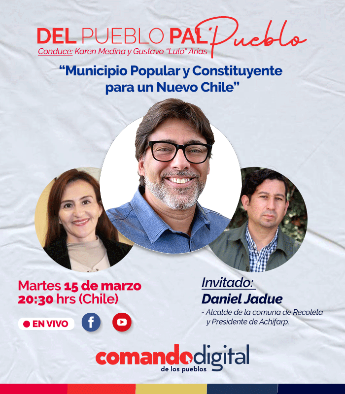 En Directo este Martes, 15 de Marzo a las 20:30 horas, estaremos conversando con Daniel Jadue, Alcalde de Recoleta, Presidente de Achifarp.
En este Nuevo episodio de Del Pueblo pal' Pueblo,
 Municipio Popular y Constituyente para un Nuevo Chile!!!
Síguenos, Comparte, y suscribete