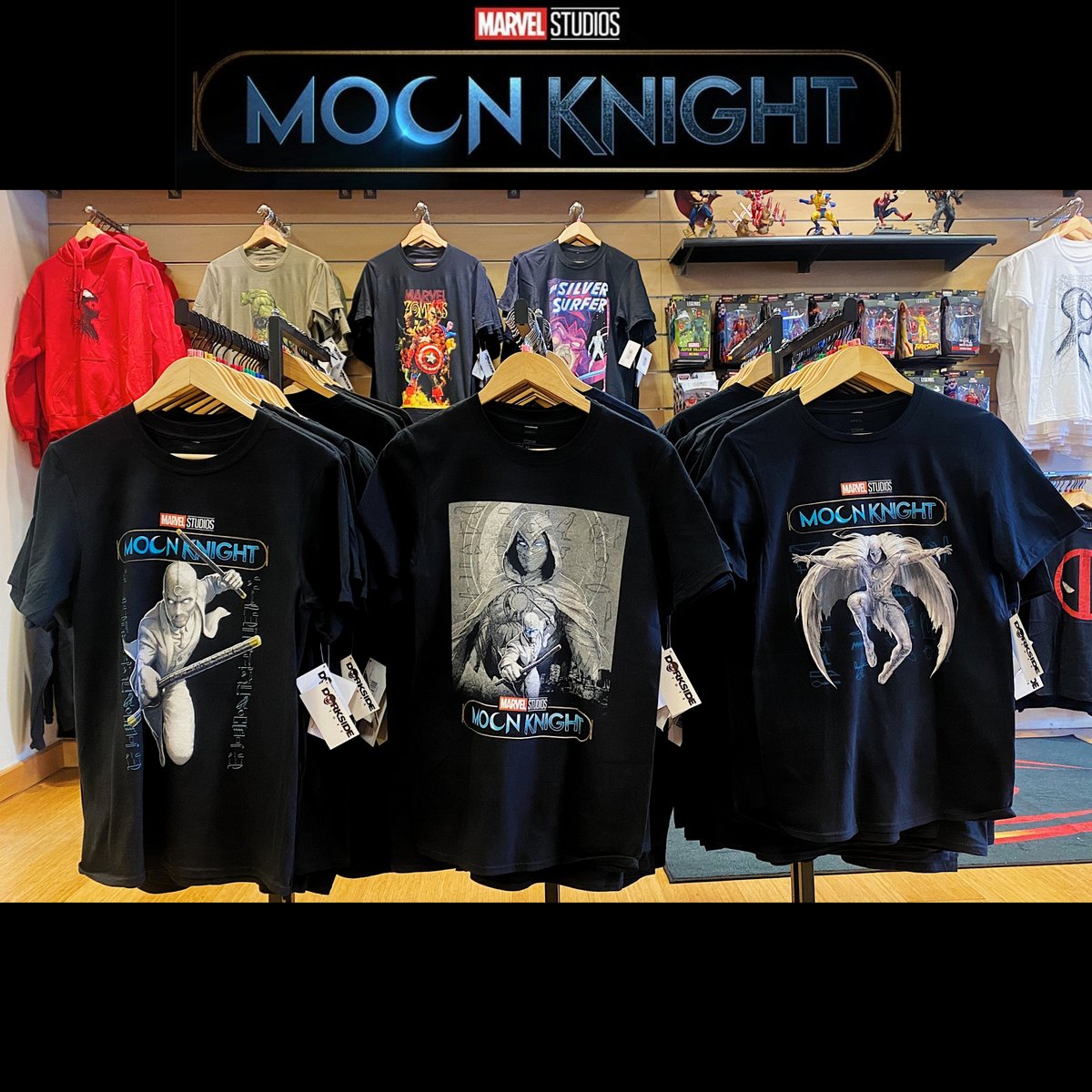 DorksideBoro's tweet photo. "Embrace the Chaos!" 
#MoonKnight tees are officially here at @dorksidetoys  Come check out all your favorite #Marvel gear including some Exclusive apparel @theavenueboro! https://t.co/vbPm5rUbIV