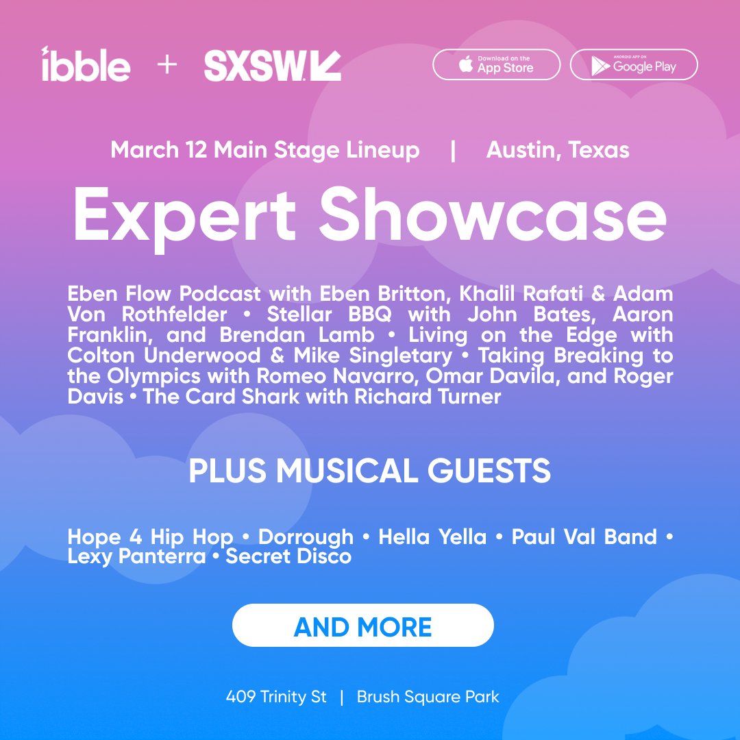 getibble's tweet photo. 📢Day 2's #SXSW Expert Lineup is here! We're live all day until 10 PM CT! Stop by, bring a friend, grab a drink, and share your expertise. We're at 409 Trinity St or in the #ibbleapp. 📱https://t.co/O8Ina32FpA
#ibble #sxsw2022 #tech #crypto #music #livemusic #austinTexas https://t.co/8CkMXaNvuj
