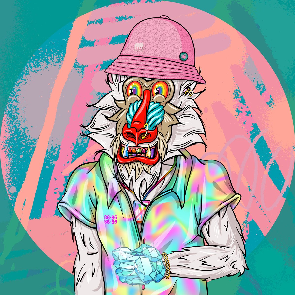 Seppow86's tweet image. Next up on my list of 245 handmade @TheMandrillz is Nr.6618 belonging to the awesome #Drillz OG @MamiJewo. The all matching colors and the rare rainbow grill + rainbow eyes combo give this one tons of style!