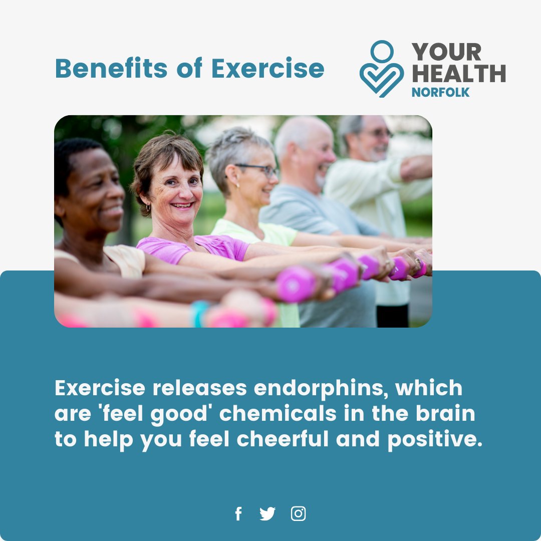 *BENEFITS OF EXERCISE*

Exercise and physical activity releases chemicals  called endorphins, which trigger a positive feeling in the body and improve overall mood.

yourhealthnorfolk.co.uk

#yourhealthnorfolk #fallsprevention #yourhealthmatters #exercise #norfolk