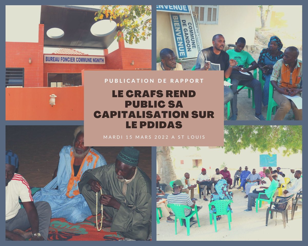 Le Crafs publie ce 15 mars à St Louis une étude faite sur la mission du Pdidas qui a mobilisé une assiette #foncière de milliers d’hectares dans neuf communes des régions de Louga et St louis.
 La cérémonie est prévue ce mardi 15 mars à partir de 08 h 30 à Africa Rice, St Louis.