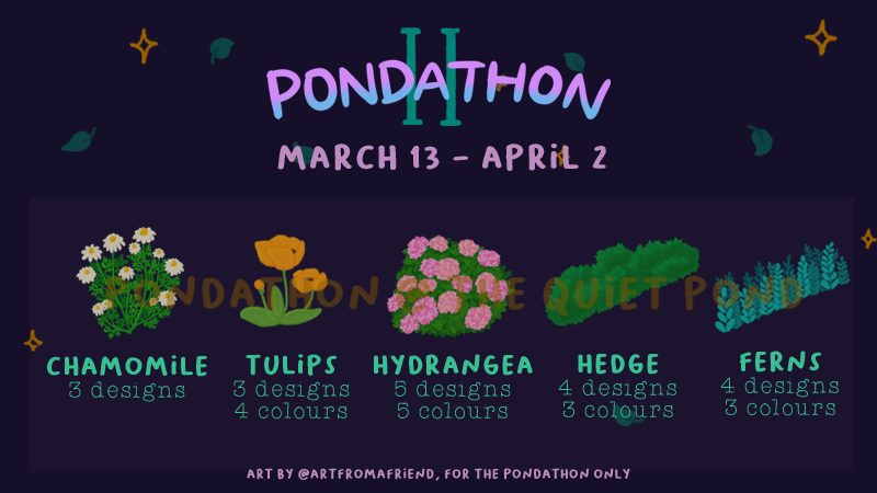 🌷🌱 Pondathon II Readathon 🌷🌱 Round 4 of the Pondathon readathon has begun! 🥳 The readathon rewards available in Round 4 (March 13 - April 2) are: chamomile, tulips, hydrangeas, hedges, and ferns! 🌿 See the readathon's status here: thequietpond.com/pondathon-ii-p…