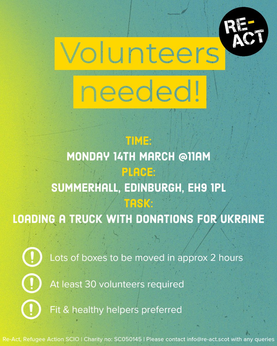 🇺🇦🇺🇦Volunteers needed this coming Monday, 14th March, 11am <a href="/Summerhallery/">Summerhall</a> 🇺🇦🇺🇦

We'll be packing the truck full of Ukraine-bound donations and will need all the help we can get!

Details in the poster attached :)
