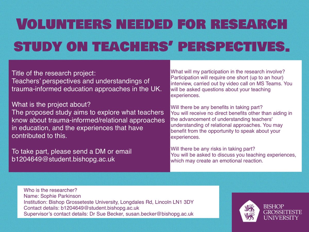 Trauma-Informed Approaches in Education (@tiainsight) on Twitter photo Please RT.
Teachers: do you have experience of working with trauma-informed approaches? Can you help with this research?
#traumainformed #education #teachers
Contact: b1204649@students.bishopg.ac.uk or DM. Please RT.
Teachers: do you have experience of working with trauma-informed approaches? Can you help with this research?
#traumainformed #education #teachers
Contact: b1204649@students.bishopg.ac.uk or DM.