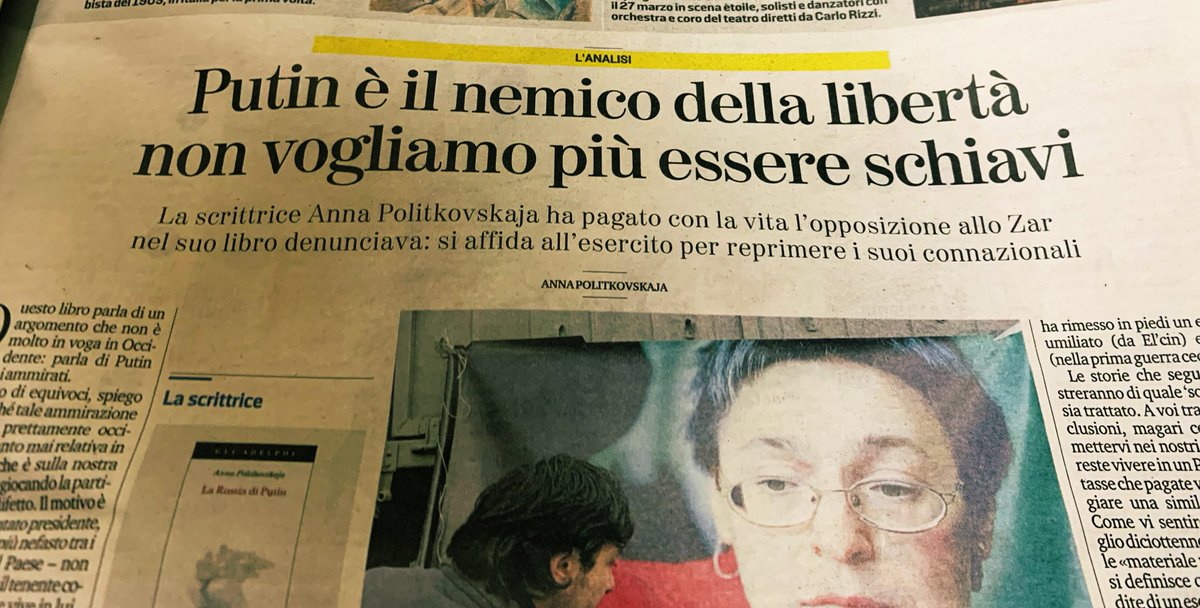 OGiannino's tweet photo. Chi anni fa ha letto i libri di Anna Politkovskaja capì subito perché era stata assassinata dai sicari di Putin. Chi non l’ha fatto allora li legga ora, capirà meglio di che orrore e corruzione contro il popolo russo grondino le mani di Putin e dei suoi arricchiti servi https://t.co/QL4oNXLpqV