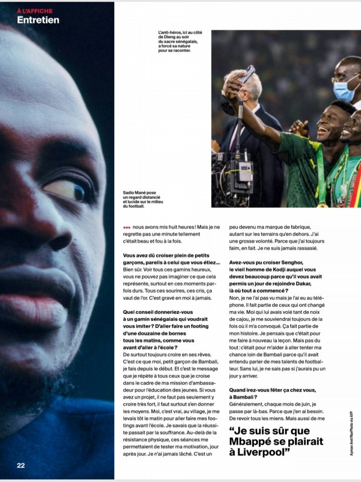 AbdoulAzizBane's tweet photo. #SadioMané in #Francefoot
Héros du sacré Sénégalais à la Can, l'attaquant de Liverpool assume sa différence au sein d'un milieu où sa réserve, sa modestie et sa normalité revendiquée font de lui un élément forcément à part.
@Fsfofficielle #teamsenegal ⬇️ https://t.co/zkIGuzcoxV