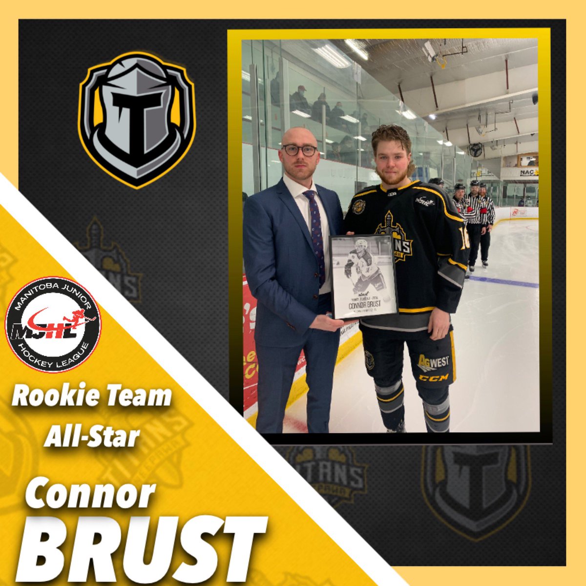 MJHLTitans's tweet photo. Congratulations to our @brust_connor who was presented with his Rookie Team All-Star framed photo prior to last nights game by @swarnews of the @mjhlhockey #EmbraceTheChange🗡🛡 https://t.co/yII5tXSGsl