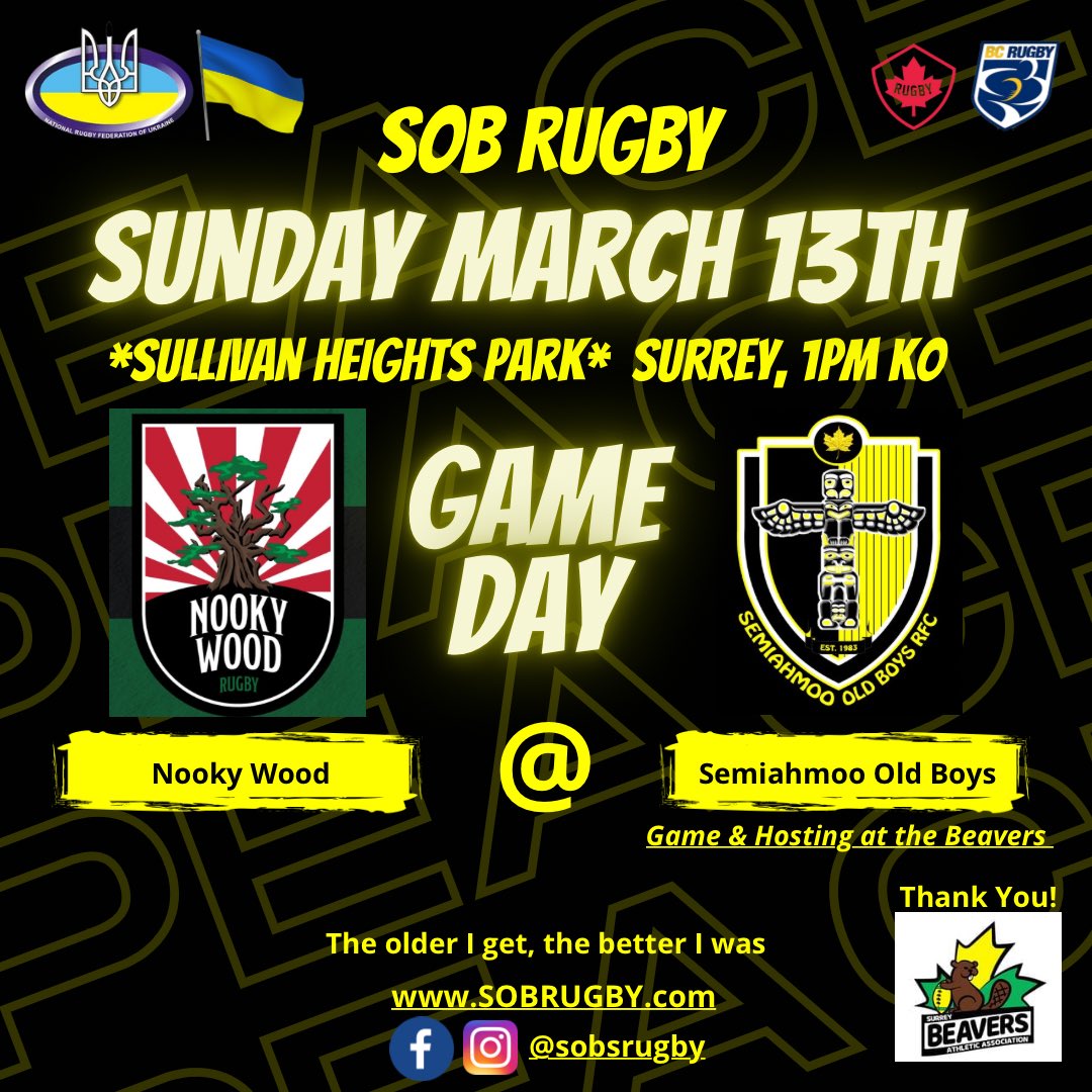 Sobs in action Vs Nooky Wood of <a href="/CRFCPiggies/">Cowichan Rugby Club</a>. Mar 13th 1pm KO at Sullivan Heights Park. Huge shout out to <a href="/BeaversRugby/">Surrey Beavers Rugby</a> for hosting the game and post game dinner!