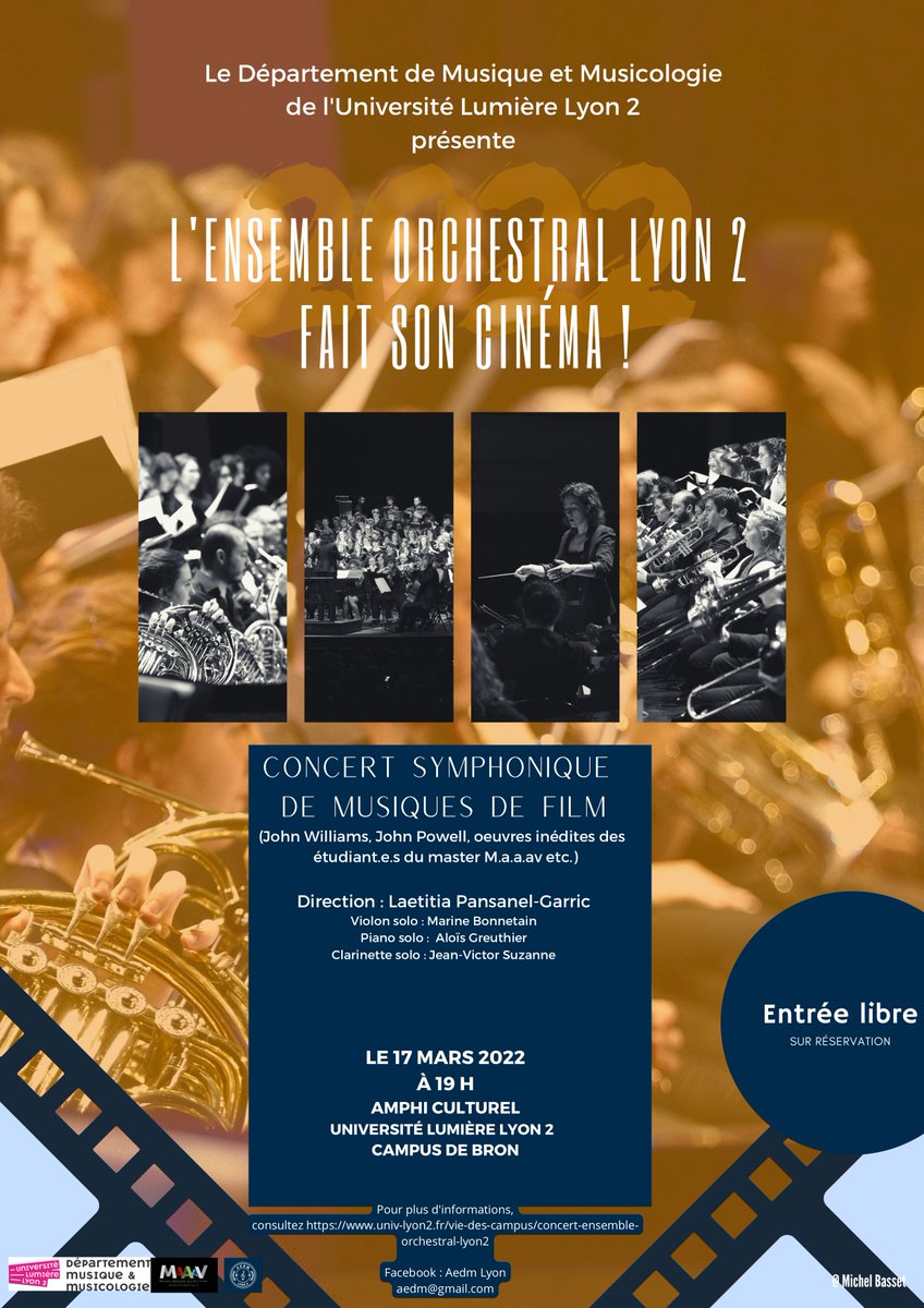 Concert de l'ensemble orchestral du département de musicologie de l'université Lyon 2, sous la direction de Laetitia Pansanel-Garric, jeudi 17 mars à l'amphi culturel de Bron. Entrée libre.