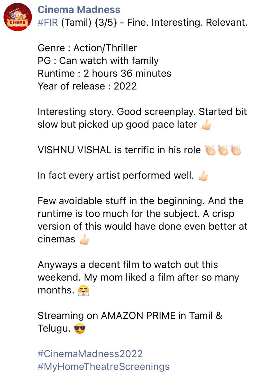 CinemaMadness24's tweet photo. 61. #FIR (Tamil) {3/5} 👍🏻
@TheVishnuVishal @itsmanuanand @itisprashanth @menongautham @raizawilson @Reba_Monica 👍🏻👍🏻
#FIRonPrime #FIRReview #FIRMovie https://t.co/DSQRqCYR2C