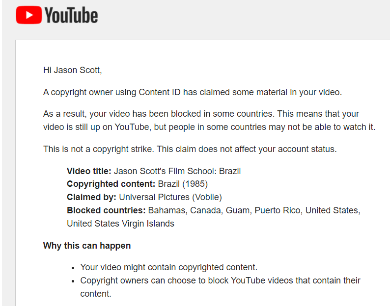 textfiles's tweet photo. I was putting up some streams I created on YouTube. One of them is a shot-by-shot discussion of Terry Gilliam's Brazil.
Upon uploading it, before it was seen by anyone, it was blocked and considered unviewable in a mass of countries. https://t.co/emtPJ8tRan