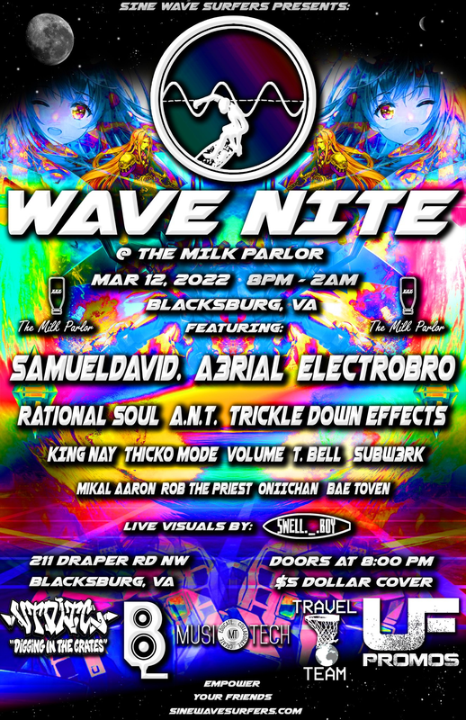 Music Fans - Big 15 Performer Concert tonight in Blacksburg:
<a href="/SineWaveSurfers/">Sine Wave Surfers Collective</a> hosts Wave Night XVII at The Milk Parlor. Enjoy cool vibes, heavy bass and fresh flows!
$5 cover for those 21+, $8 for those Under 21
Doors open at 8 PM
nextthreedays.com/FeaturedEventD…