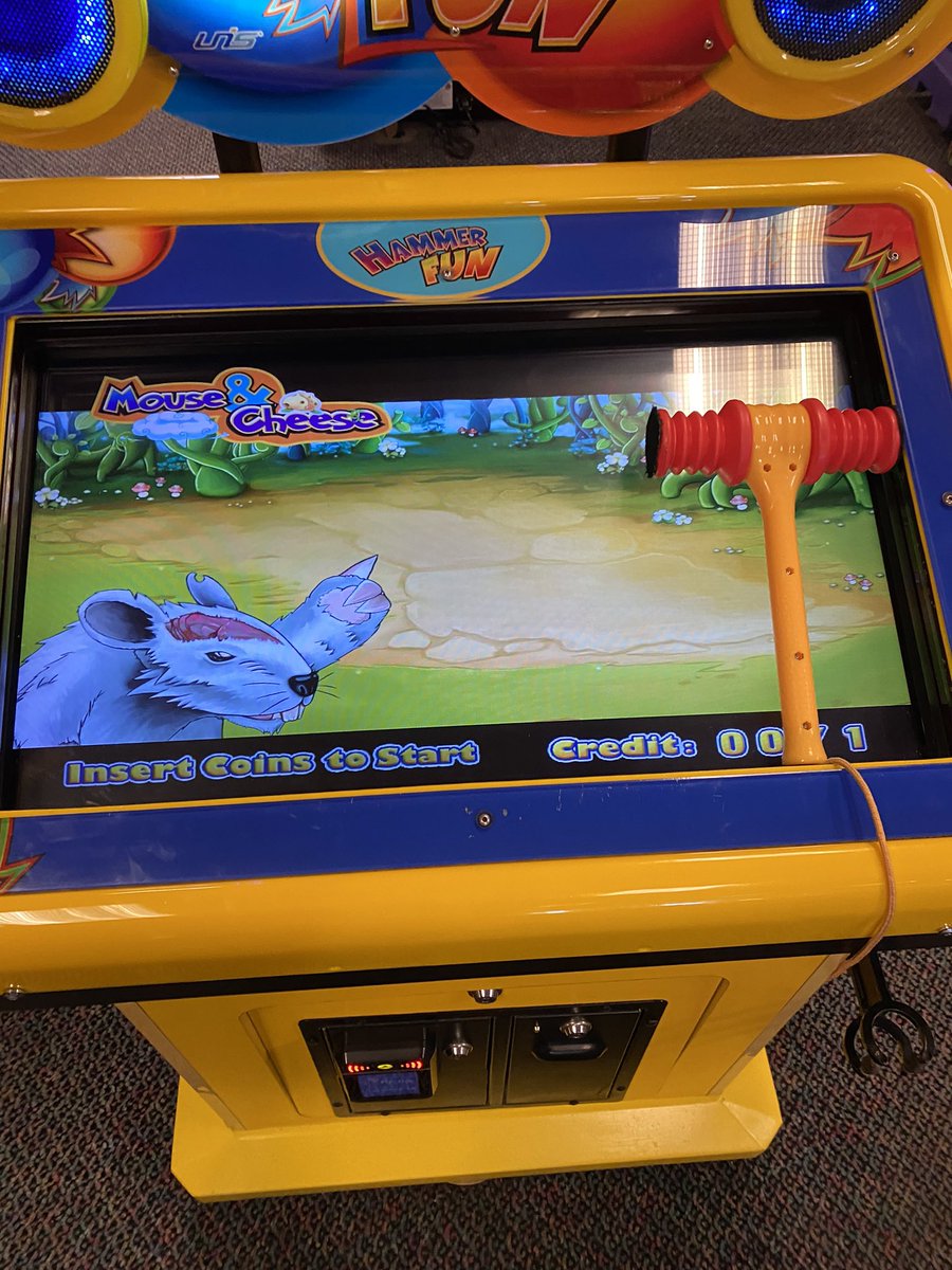 karaodactyl's tweet photo. @ChuckECheese I am extremely concerned and disturbed by this game in the small kids section that requires kids to kill mice with a hammer. The mice run in terror and writhe in pain as they’re hit. Little kids shouldn’t be exposed to this as a way to have fun. @peta please help. https://t.co/0sZ1XDpKW9