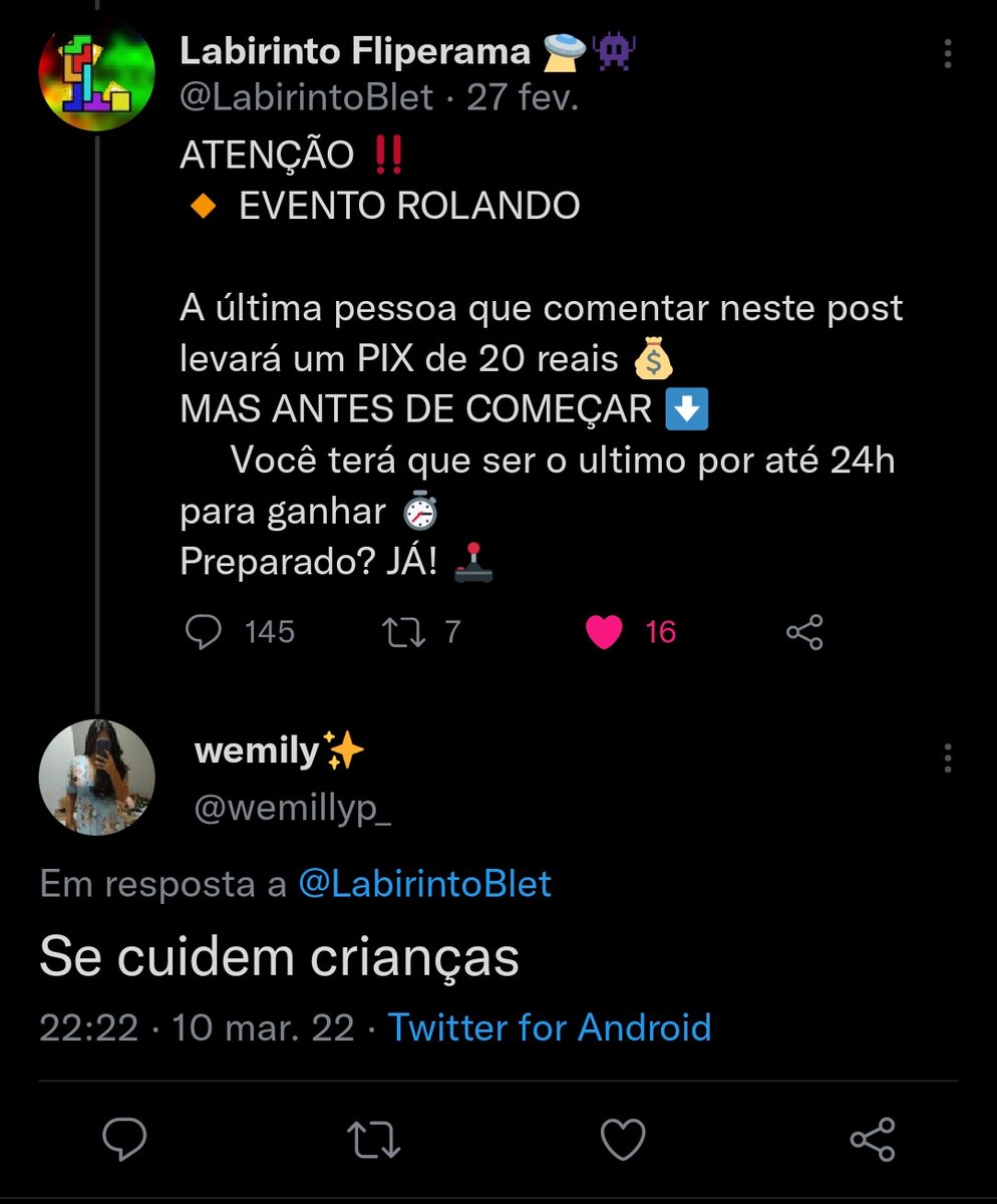 LabirintoBlet's tweet image. Parece que tivemos uma vencedora
@Wemillyp_ Dia 10/03 22h22 - 11/03 22h22 sem outros comentários!

@matyfx Dia 11/03 22h35 por 13 minutos não conseguiu cortar o comentário dela.

Parabéns ❤