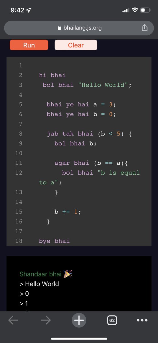 pratyus's tweet image. This is awesome! #bhailang 

bhailang.js.org