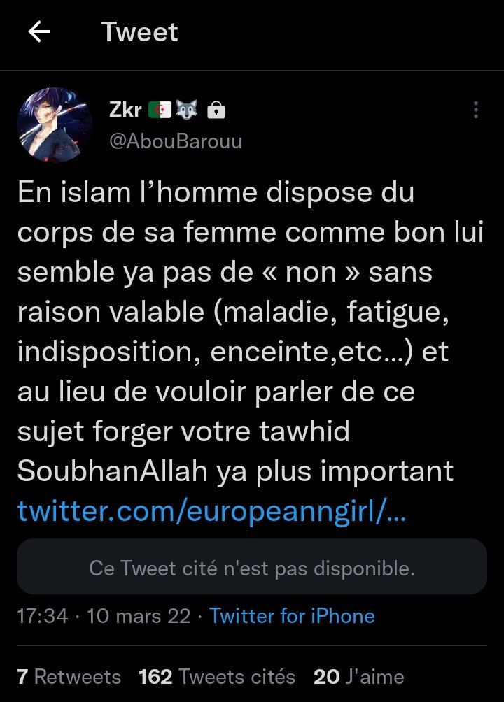  @AbouBarouu Ohhh bah non faut pas supprimer et te mettre en pv faut assumer maintenant, t'étonnes pas si aucune femme ne te touche avec un bâton, et ca vaux aussi pour tous tes potes, vous etes une honteEt par pitié ÉVITE de ramener l'islam pour justifier ton gros soucis mental