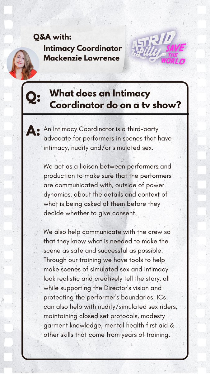 AstridLillyShow's tweet photo. After the steamy scenes this week…we chatted with Mackenzie Lawrence, our Intimacy Coordinator, to chat about thoughtful ways to craft sexy scenes with boundaries &amp; care. 

You can find the the full Q&amp;A series on our IG stories🎞💅✌️. 

#AstridAndLilly #safesets https://t.co/fnJvbyVCIp