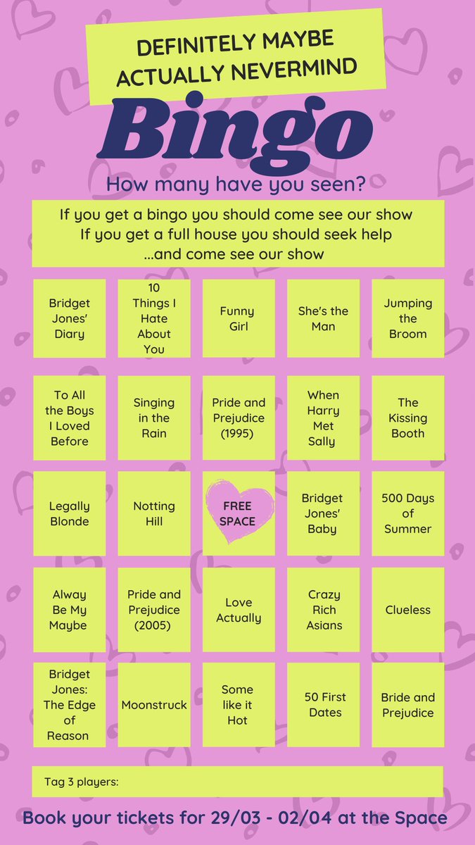 CBollix's tweet photo. Also try out our RomCom bingo board 😎
Are you a romance newbie or veteran Firth fan?
#DefinitelyMaybeActuallyNevermind @SpaceArtsCentre https://t.co/tZhfSLThCD