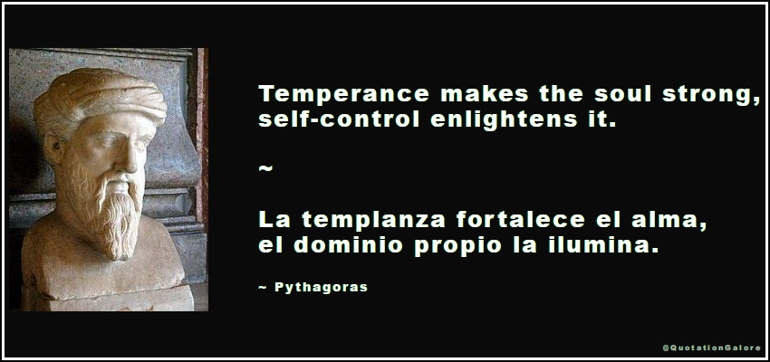 Temperance strengthens the soul, 
self-control enlightens it.
~
La templanza fortalece el alma, 
el dominio propio la ilumina.
~ Pythagoras